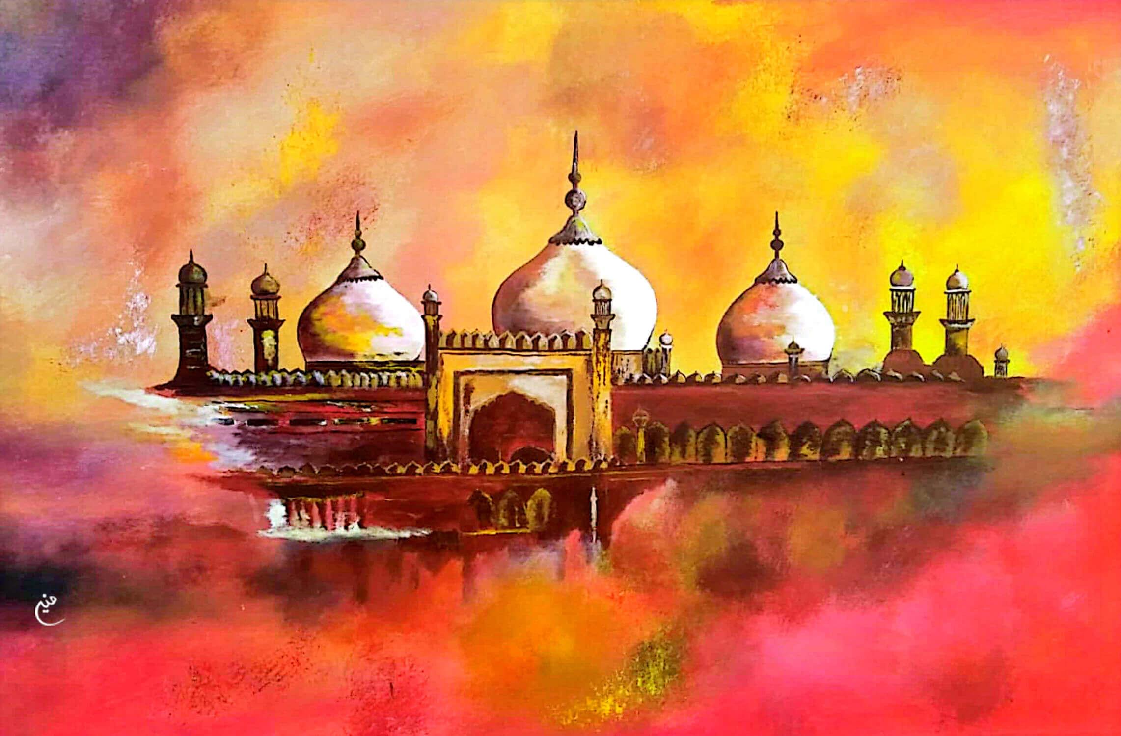 Islamic wall art featuring the Badshahi Mosque, hand-painted with vibrant acrylic paints, blending traditional architecture and modern design. Ideal for home or mosque decor.
