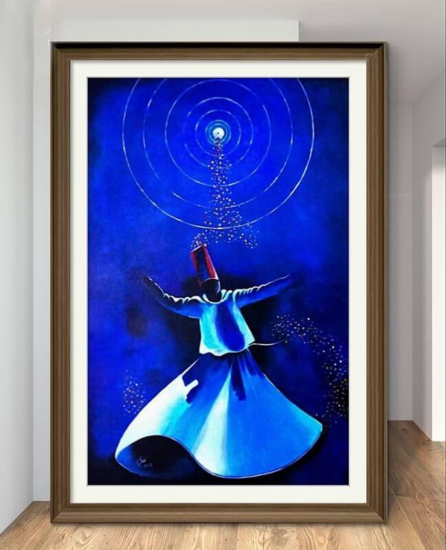 Sufi whirling dervish painting displayed in a serene living room with blue-themed decor and natural lighting.