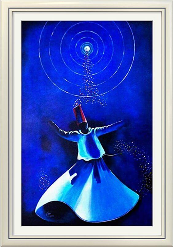 Close-up of swirling blue acrylic textures in Sufi whirling dervish painting, highlighting artistic brushstrokes and depth.