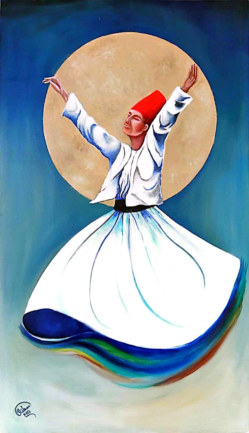Sufism Painting acrylic artwork depicting a whirling dervish in vibrant colors with Islamic geometric patterns and gold leaf accents, ideal for spiritual home decor.