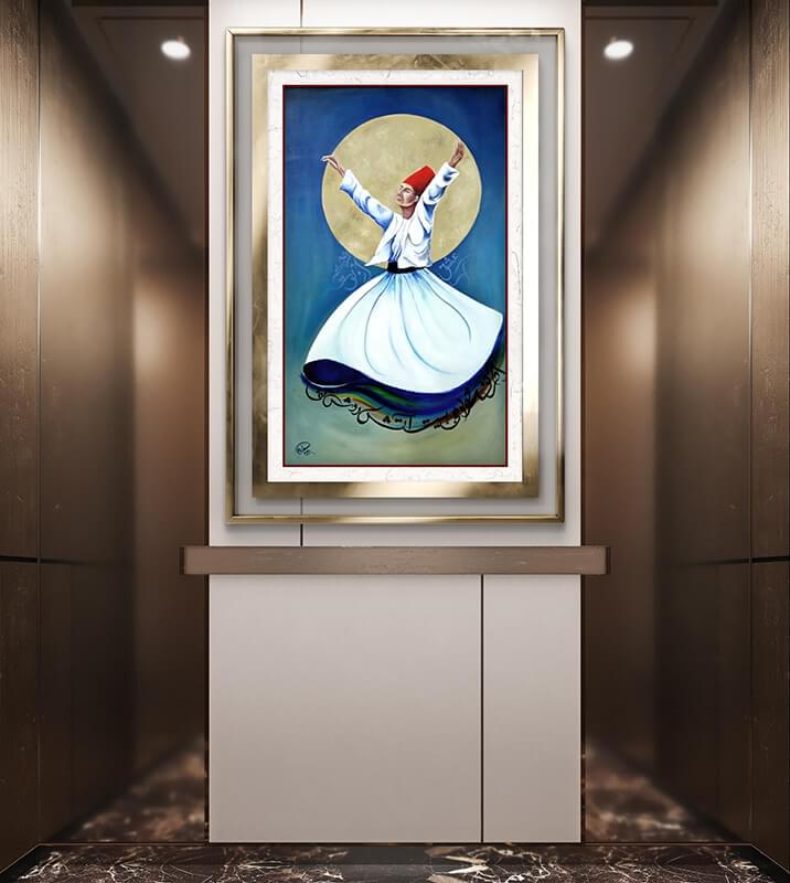 Side angle view of Sufism Painting highlighting light-reflective acrylic textures and depth.