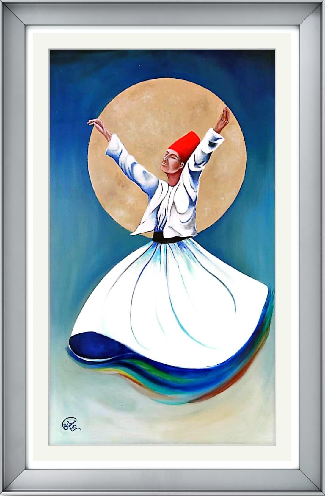 Close-up of Sufism Painting acrylic details, showcasing metallic accents and intricate Islamic patterns.