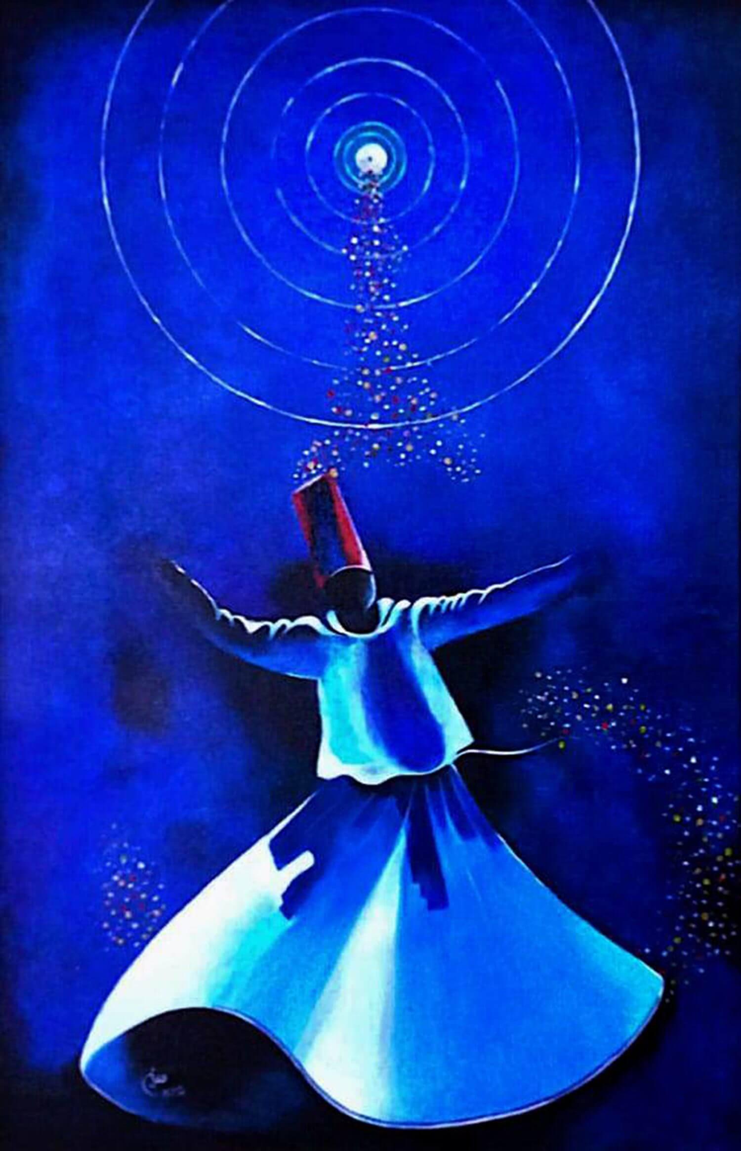 sufism-whirling-Sufism-inspired acrylic painting of a whirling dervish dancer in mesmerizing blue tones, symbolizing spiritual transcendence and divine love. Handcrafted for modern mystic decor or meditation spaces.